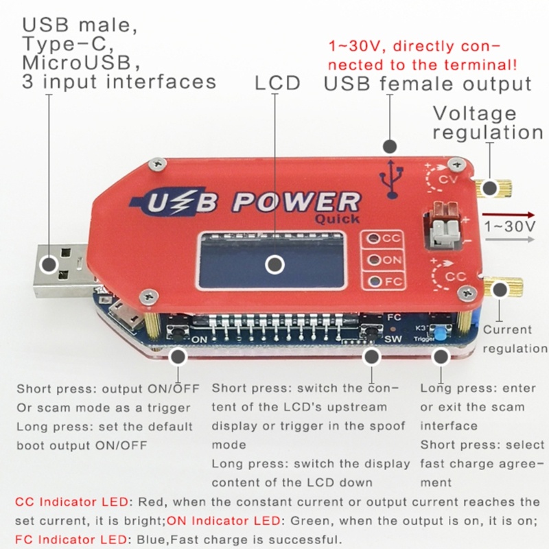 Btsg Upgraded Digital Display Usb Adjustable Power Module 1-30V 15W Qc2.0 3.0 Fcp- Power Supply Laboratorium Quick Charge