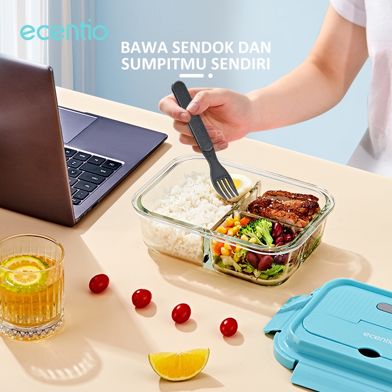 ecentio lunch box kaca 1040ml 3 grid biru kaca borosilicate berkualitas tinggi dan sendok/Free BPA