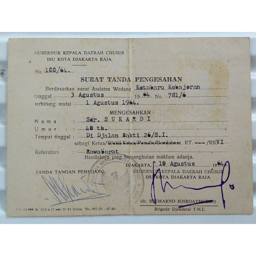 

surat tanda ketua RT djakarta raja lama lawas 1964