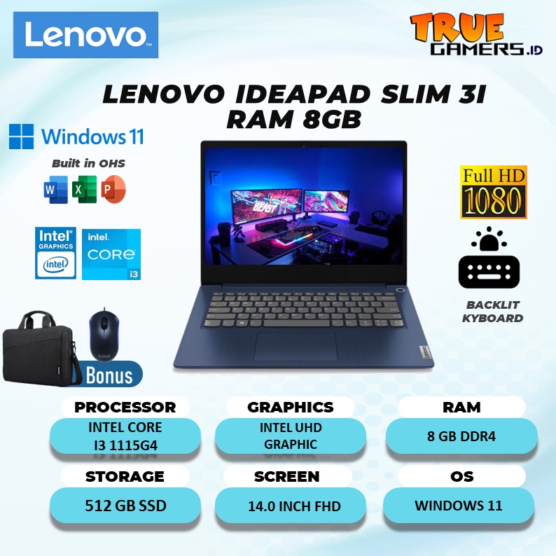 LAPTOP LENOVO IDEAPAD SLIM 3I 15 I3 1115G4 12GB 512SSD Windows 11 15.6|14.0 FHD