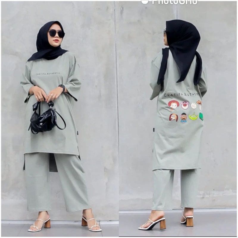 ONE SET TUNIK WANITA JUMBO // SETELAN KAOS PRINT SABLON ORIGINAL