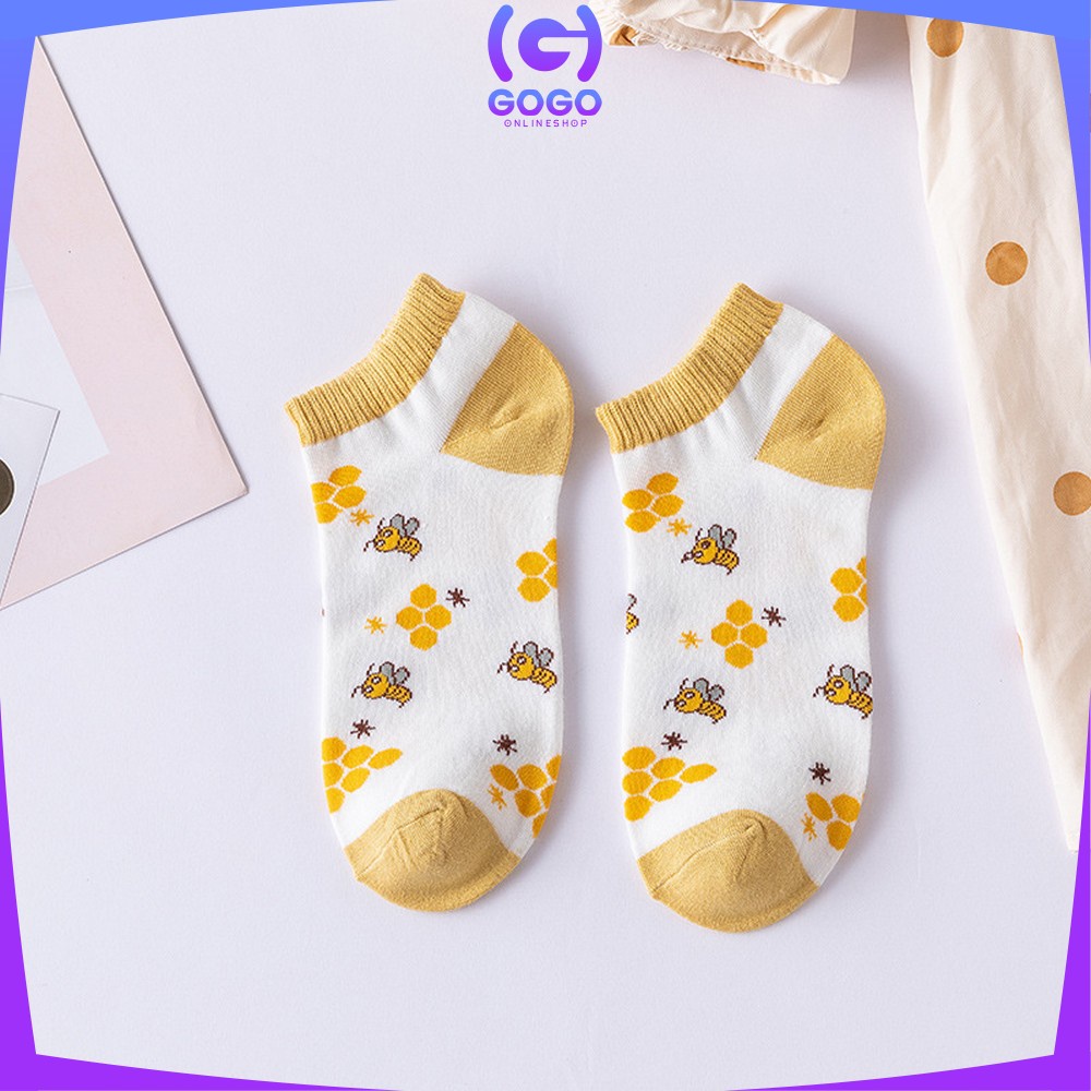 GOGO-P188 Kaos Kaki Pendek Wanita Motif Kuning Lebah Gaya Korea / Kaus Kaki Semata Kaki Wanita Dewasa / Bee Ankle Sock Fashion Korean Style