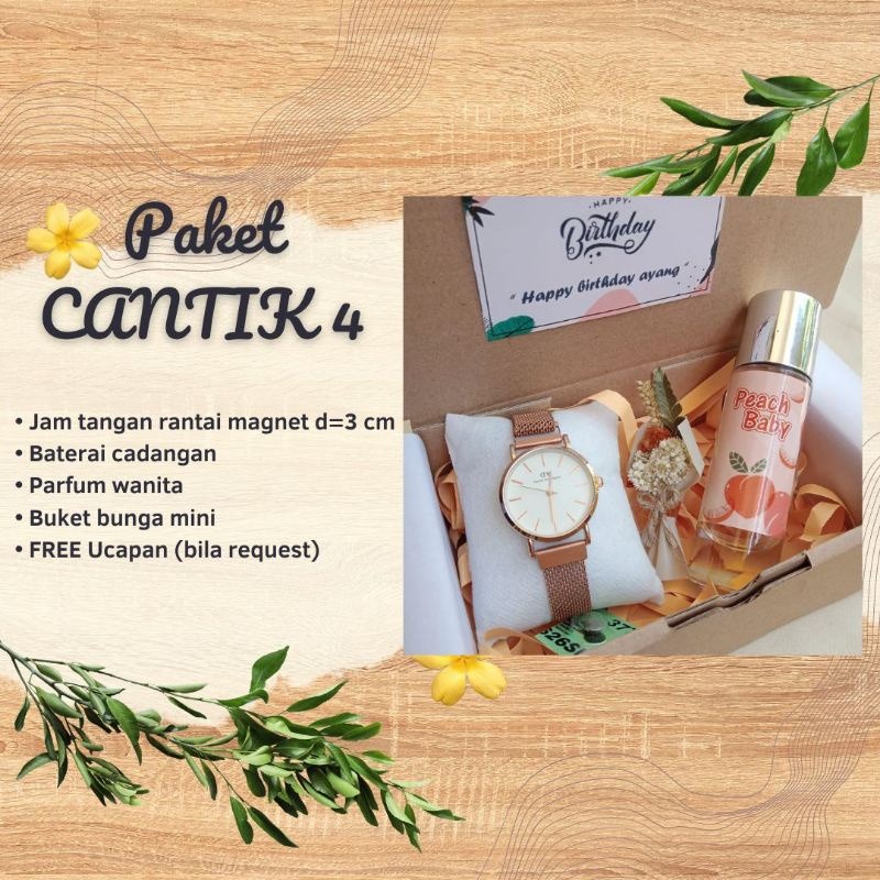 (PAKET HEMAT CANTIK) Giftbox Hadiah Anniversary Pacar Cewek Jam Tangan Cewek Rantai Pasir Parfum dan Coklat Free Ucapan dan Pita Cantik