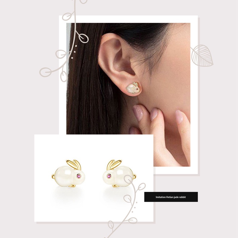 Fancyqube Anting 925 Silver Needle Bentuk Kelinci Aksen Berlian Giok Gaya Korea Untuk Aksesoris Wanita