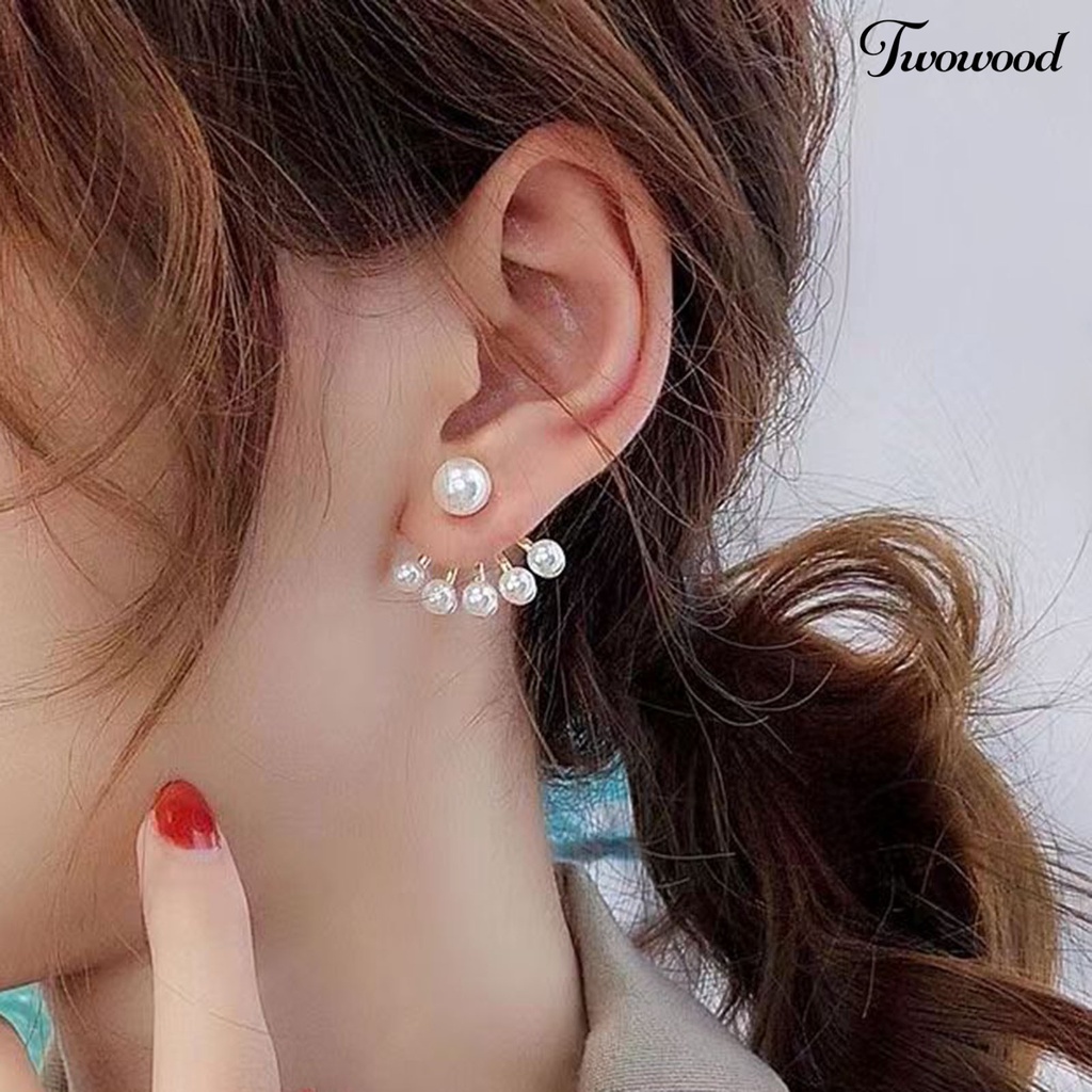 1 Pasang Anting Stud Bentuk Kipas Geometris Aksen Mutiara Tiruan Gaya Elegan Minimalis Untuk Wanita