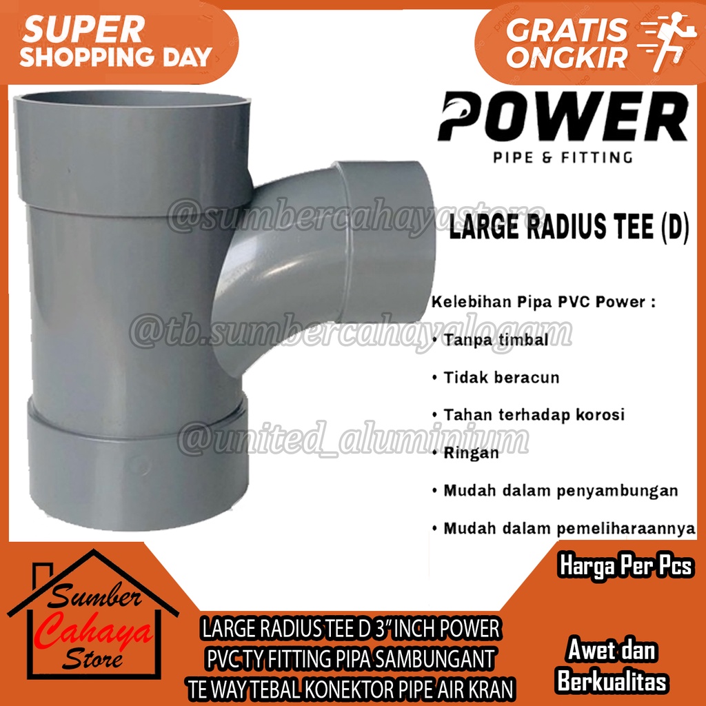 LARGE RADIUS TEE Y D 3" INCH POWER PVC TY FITTING PIPA SAMBUNGAN T TE WAY TEBAL PRALON PERALON PARAL