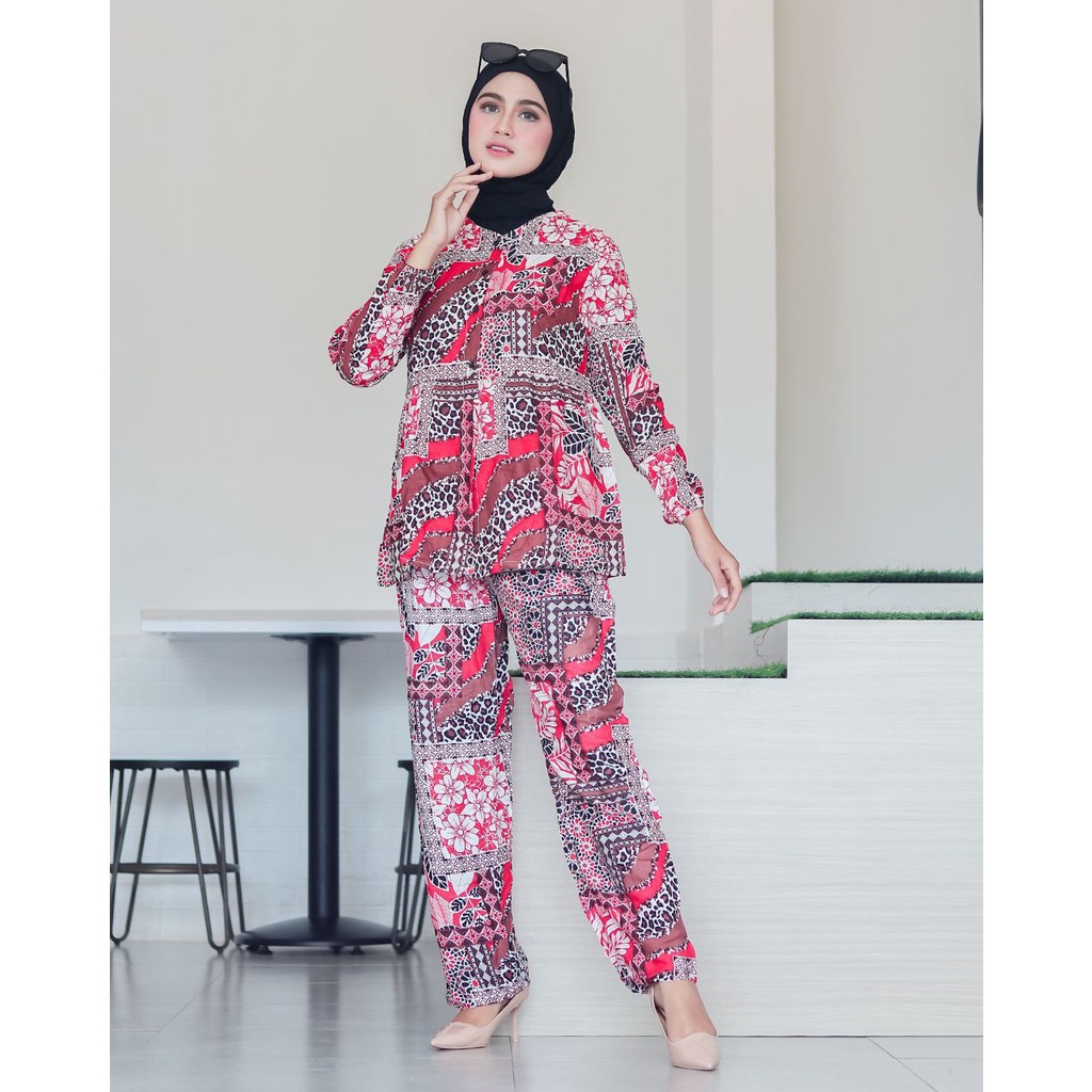 Cantika Rempel One Set Wanita Rayon Premium Setelan Wanita Lengan Panjang Set Kemeja Celana Panjang Kekinian LD 104 cm