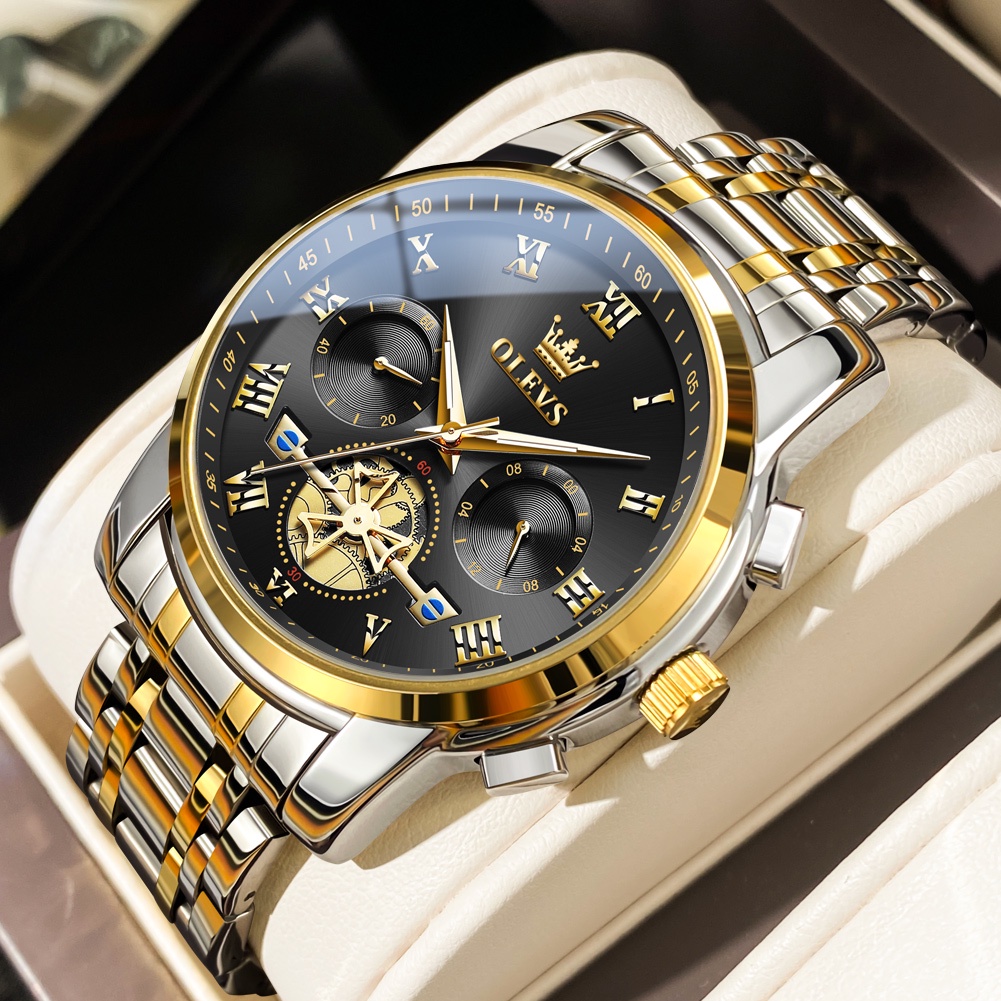 OLEVS Jam Tangan Pria Original Anti Air Tahan Luminous Fashion Analog Chronograph Stainless Steel Watch Men