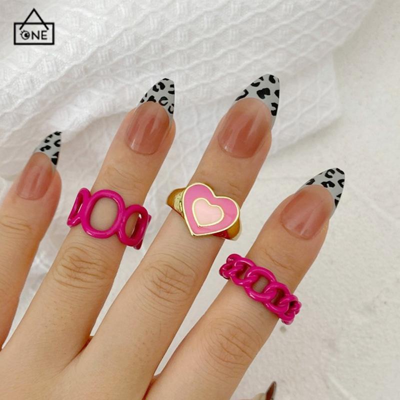 COD❤️3PCS Heart Geometry Rings Cincin Geometri Jantung Cincin Mode Menetes Minyak yang Dapat Disesuaikan untuk Aksesoris Perhiasan Wanita-A.one