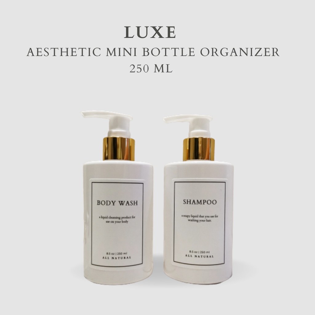 LUXE Botol MINI PUTIH Label KOTAK PUTIH 250 ml Aesthetic Bottle Refill | Botol refill sabun /botol refill sabun/ botol isi ulang/botol sabun refill/botol sabun/botol pump/botol anak/bathroom organizer/bathroom amenities