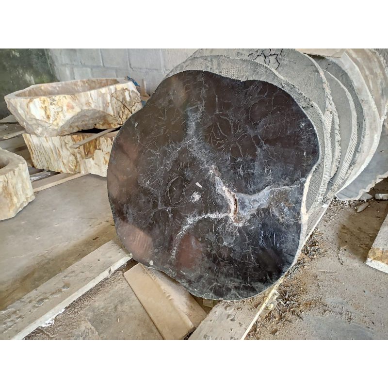 Daun meja kecil batu kayu hitam bulat natural