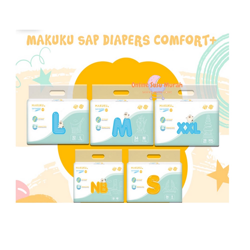 MAKUKU AIR DIAPERS COMFORT TAPE PANTS NB28 S36  M34 L32 XL32 XXL28