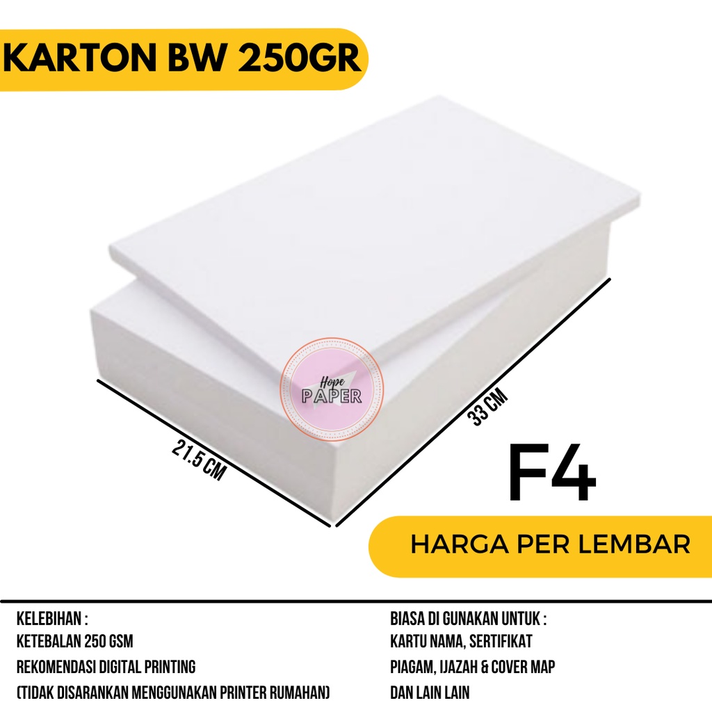 

Kertas BW F4 isi 1 lembar / Karton BW 250gsm F4