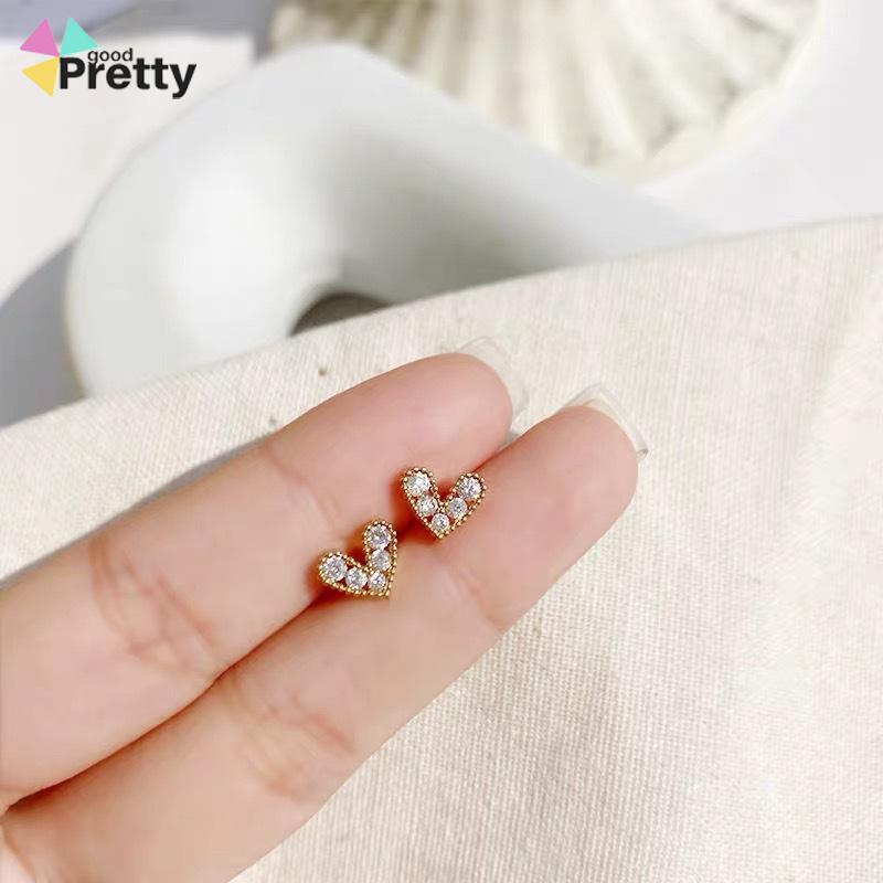 Anting Stud  Kristal Berlian Bahan Titanium Steel S925 Warna Emas Cinta Earings Gaya Korea Untuk Wanita - PD