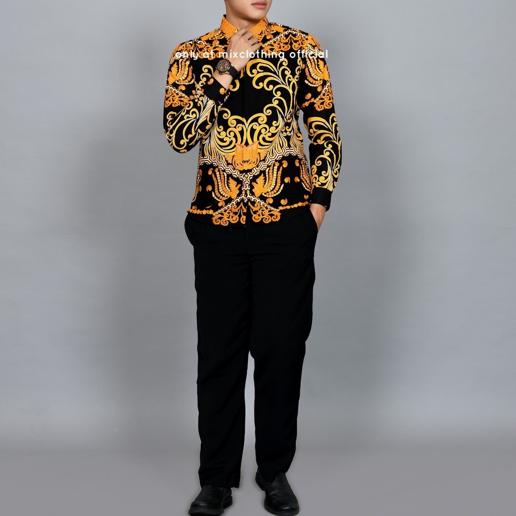 New Premium Baju Kemeja Batik Pria Slimfit Kuning Emas Lengan Panjang 1929