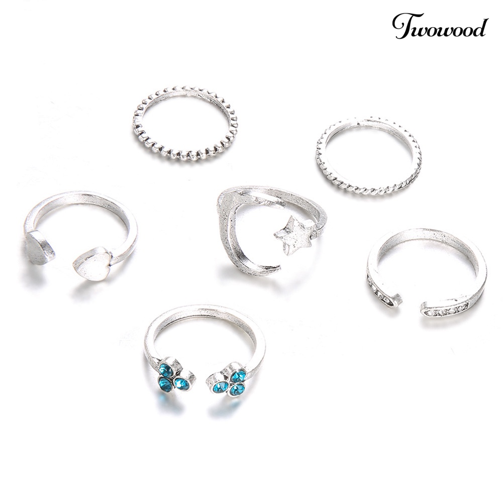 6pcs / Set Cincin Buku Jari Model Terbuka Desain Bulan Bintang Hati Untuk Wanita