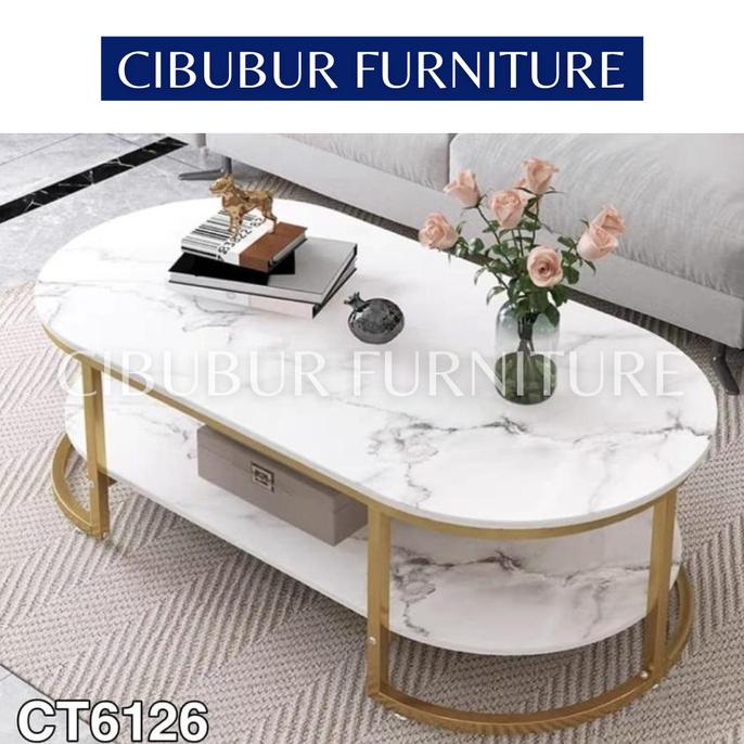 Meja Tamu Minimalis Oval Modern Putih Emas Motif Marmer Storklara