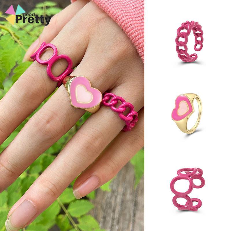 3PCS Heart Geometry Rings Cincin Geometri Jantung Cincin Mode Menetes Minyak yang Dapat Disesuaikan untuk Aksesoris Perhiasan Wanita - PD - PD