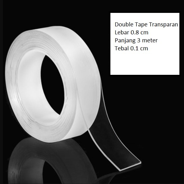 DOUBLE TAPE BENING 8MM*3M PEREKAT 0.8CM CLEAR TRANSPARAN DOBEL TIP - KULIT MERAH