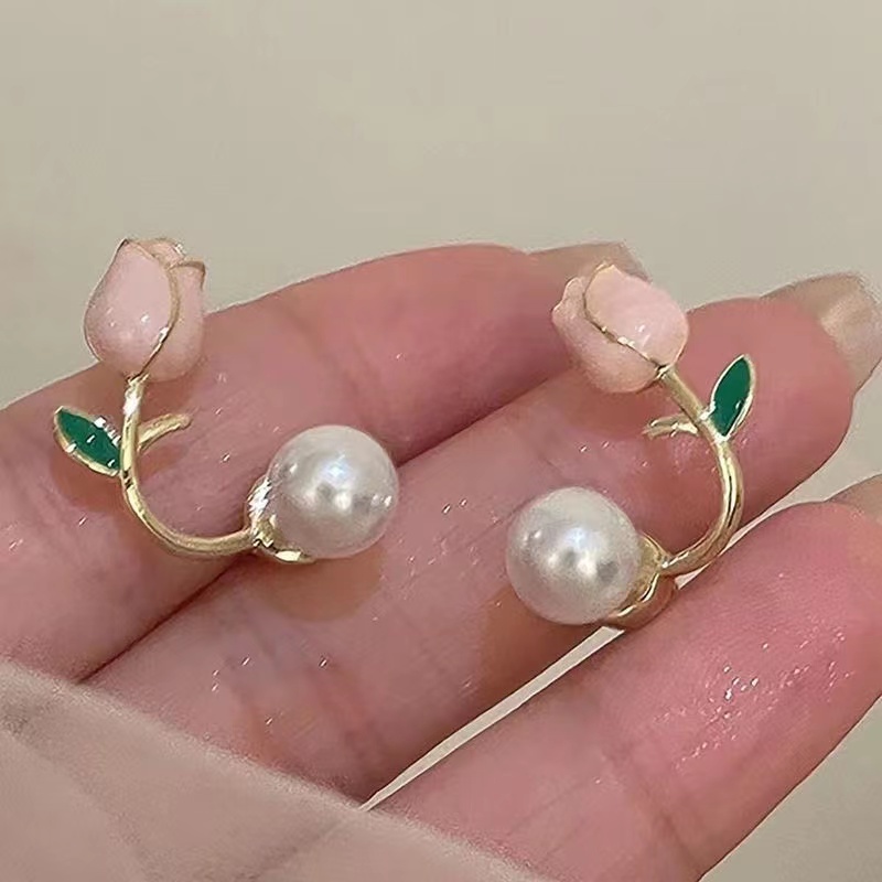 IFYOU Anting Stud Bentuk Hati Tulip Camellia Aksen Mutiara Gaya Vintage Untuk Wanita