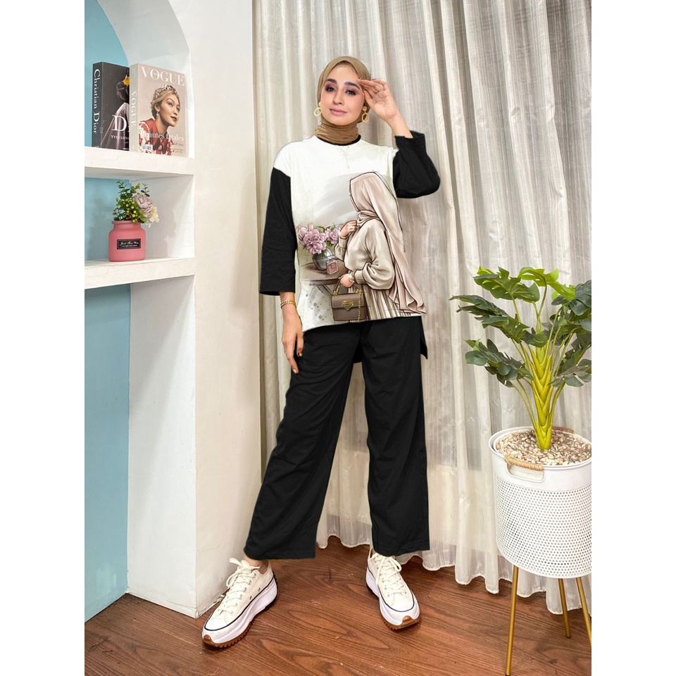 SETELAN KAOS TUNIK OVERSIZE BAHAN CRINKLE/SETELAN MOTIF WANITA CRINKLE