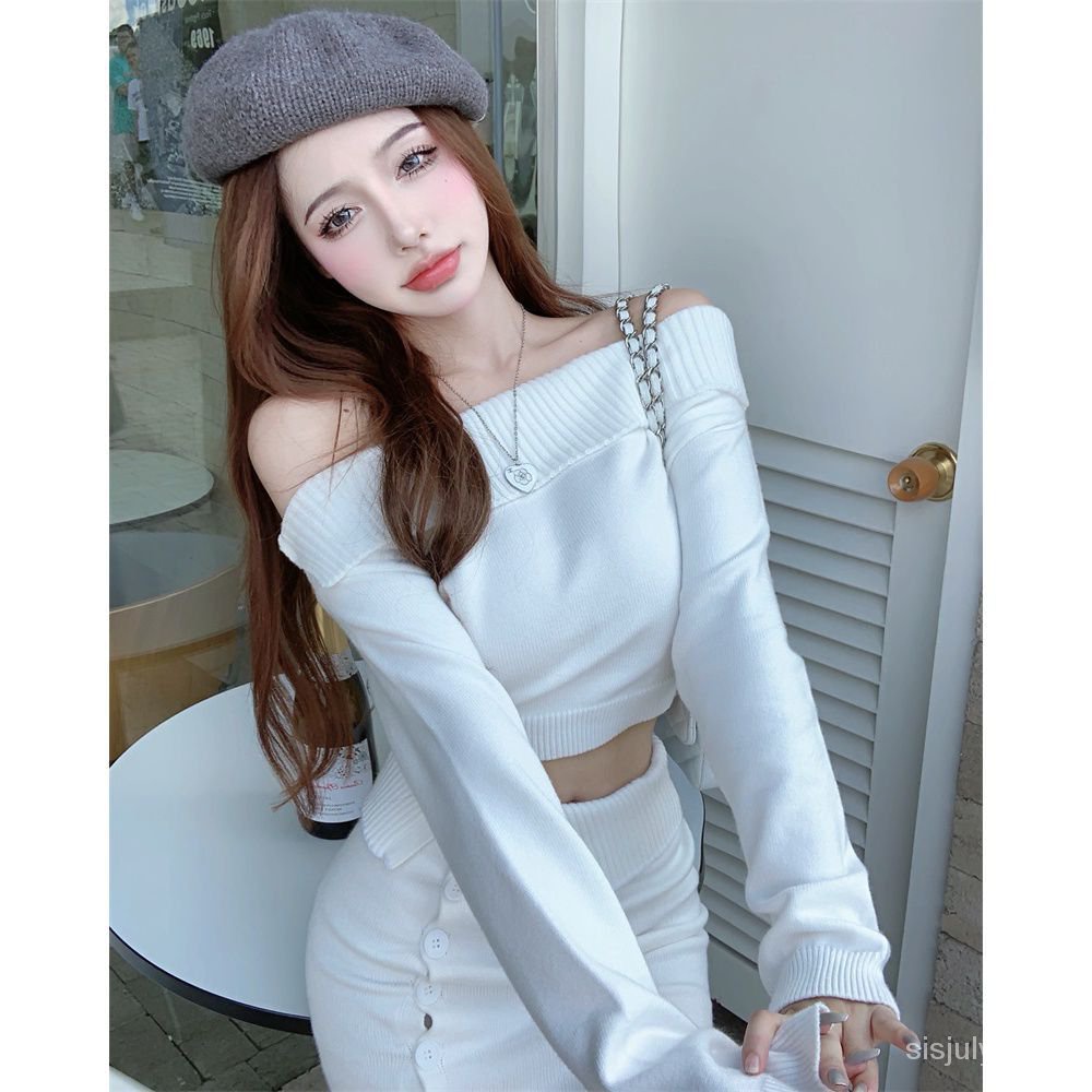 #Sisjuly# Atasan rajutan kerah satu bahu baru wanita + set setelan rok setengah badan pinggul paket