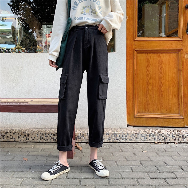 Import Highwaist Loose Boyfriend Cargo Jeans / Cargo Jeans Krem / Hitam