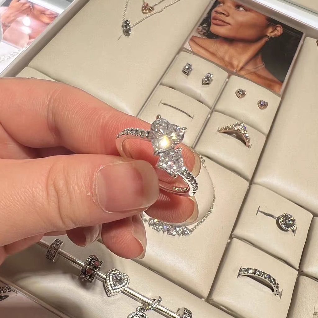 Pandora Cincin Sterling Silver 925 Desain Hati Ganda Hias Cubic Zirconia Untuk Wanita