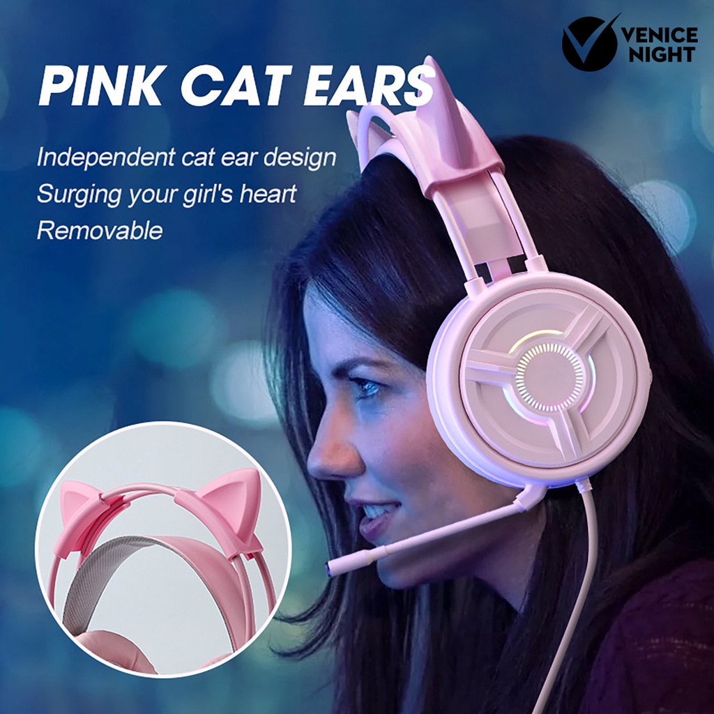 (VNEP) (Berkabel) PSH-200 Headphone Efek Suara Stereo Pengurangan Kebisingan Bentuk Telinga Kucing HI FI Head-mounted Earphone untuk Mendengarkan Musik