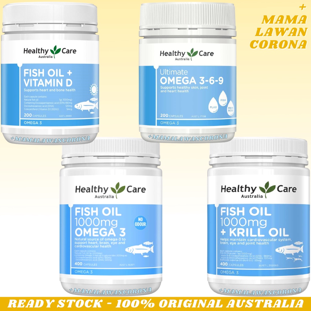 Healthy Care Ultimate Omega 3 6 9  369 200 Capsules / Super Flaxseed 1000mg 200 Kapsul / Squalene 1000 mg Capsule Caps Shark Ikan Hiu / Salmon 500 / Fish Oil + Krill 400 / Vitamin D / Wild Krill Oil 60 / Odourless Fish Oil + Lecithin 120 Mini Caps