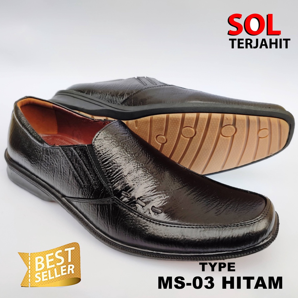 Sepatu Pantofel Hitam Pria Kulit Asli SOL KARET Terjahit Kuat Lentur &amp; Tidak Licin