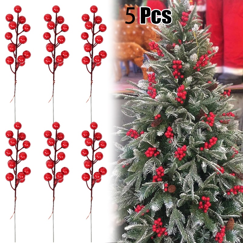 5 Pcs / Set Ornamen Cabang Pohon Pinus Salju Berry Merah Palsu Untuk Dekorasi Natal