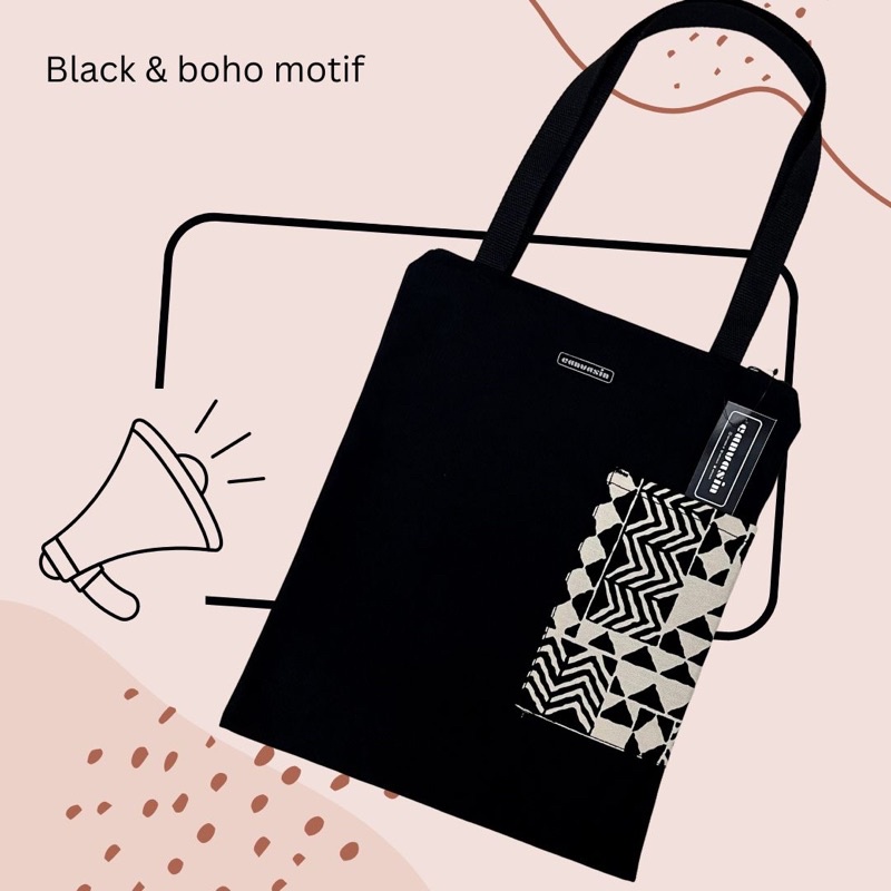 Tote bag black &amp; boho motif