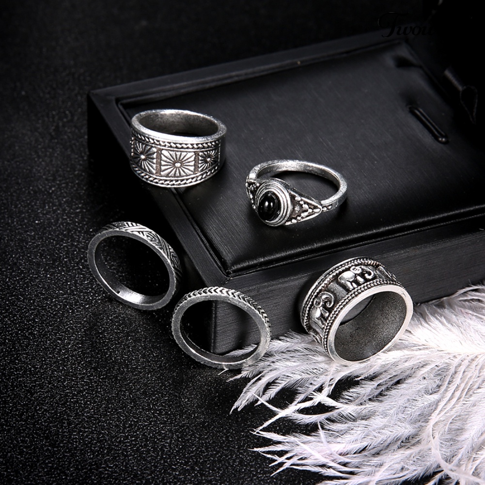 5pcs / Set Cincin Knuckle Bentuk Gajah Ukir Aksen Batu Bulat Gaya Retro Untuk Wanita