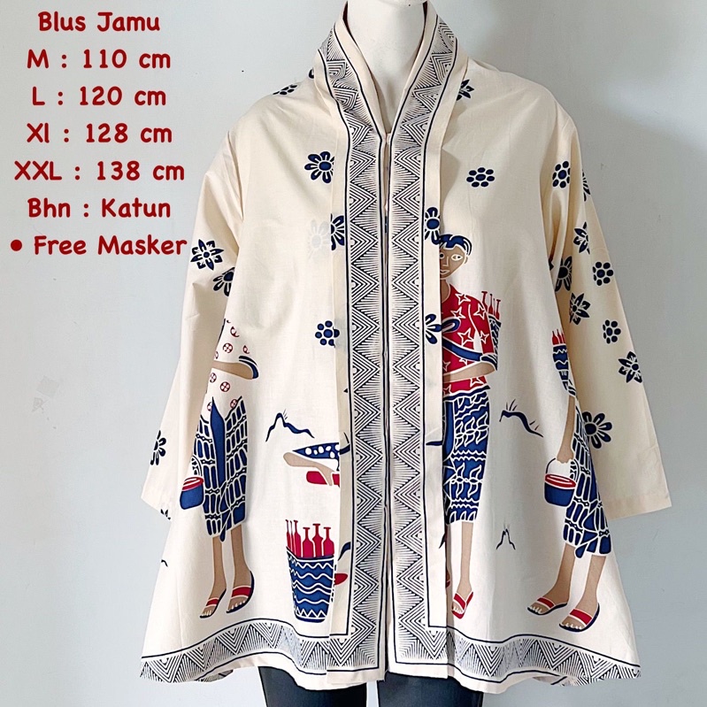 Blus Batik Jumbo Kantor Wanita Modern Motif Jamu Gendong Model Kartini Bahan Katun Halus Solo Warna 