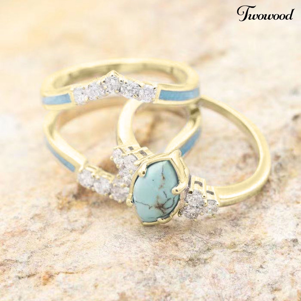 3pcs / Set Cincin Turquoise Berlian Imitasi Bahan Alloy Untuk Wanita