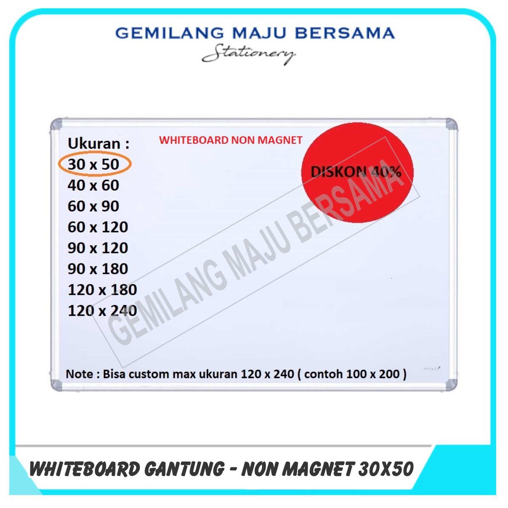 

Whiteboard / Papan Tulis Gantung 30 x 50 (Non Magnet/Magnet)