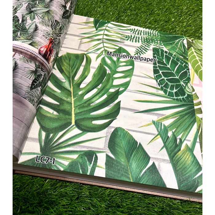 Wallpaper Dinding Daun Hijau Tropical Background Batu Bata
