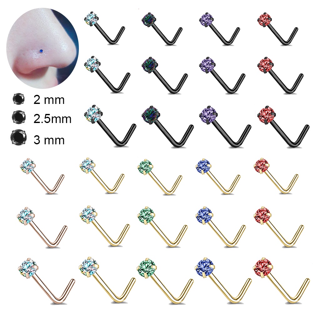 1pc Anting Tindik Hidung Bentuk L Bahan Stainless Steel Hias Kristal Kubik Zirkon Warna-Warni Ukuran 2 / 2.5 / 3mm