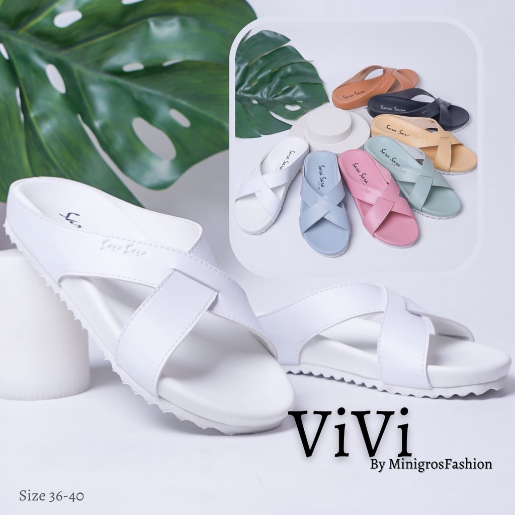 Sara Sara VIVI Sandal Slop Wanita Kekinian Sendal Casual Cewek Ban Dua Silang Terbaru