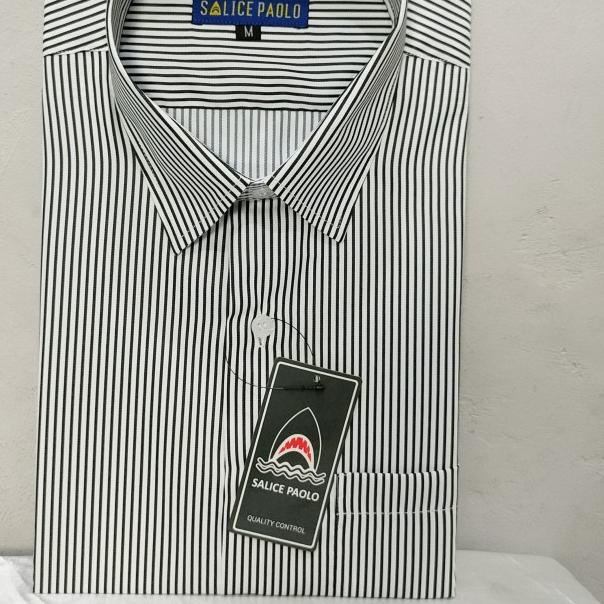 Kemeja Pria Salice Paolo Pendek Reguler Biru Orange Salur Pastel - Salur Putih, XL