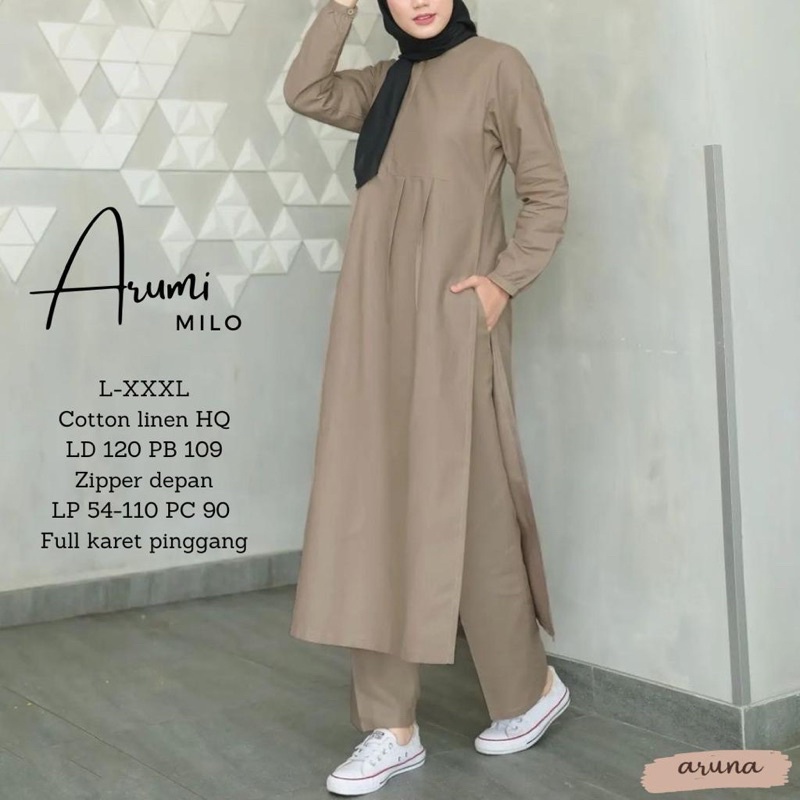 Arumi Setelan Wanita Celana Atasan Long Tunik Cotton Linen Original Aruna One Set Jumbo Polos Kasual