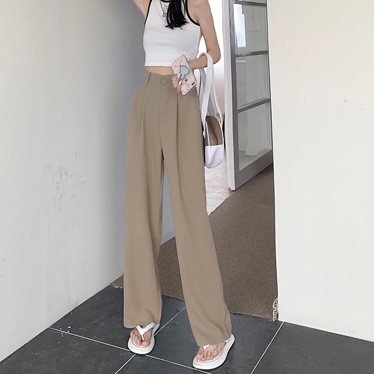 High Waist Drape Simple Longgar Lurus Kasual Celana Untuk Wanita 3 Warna