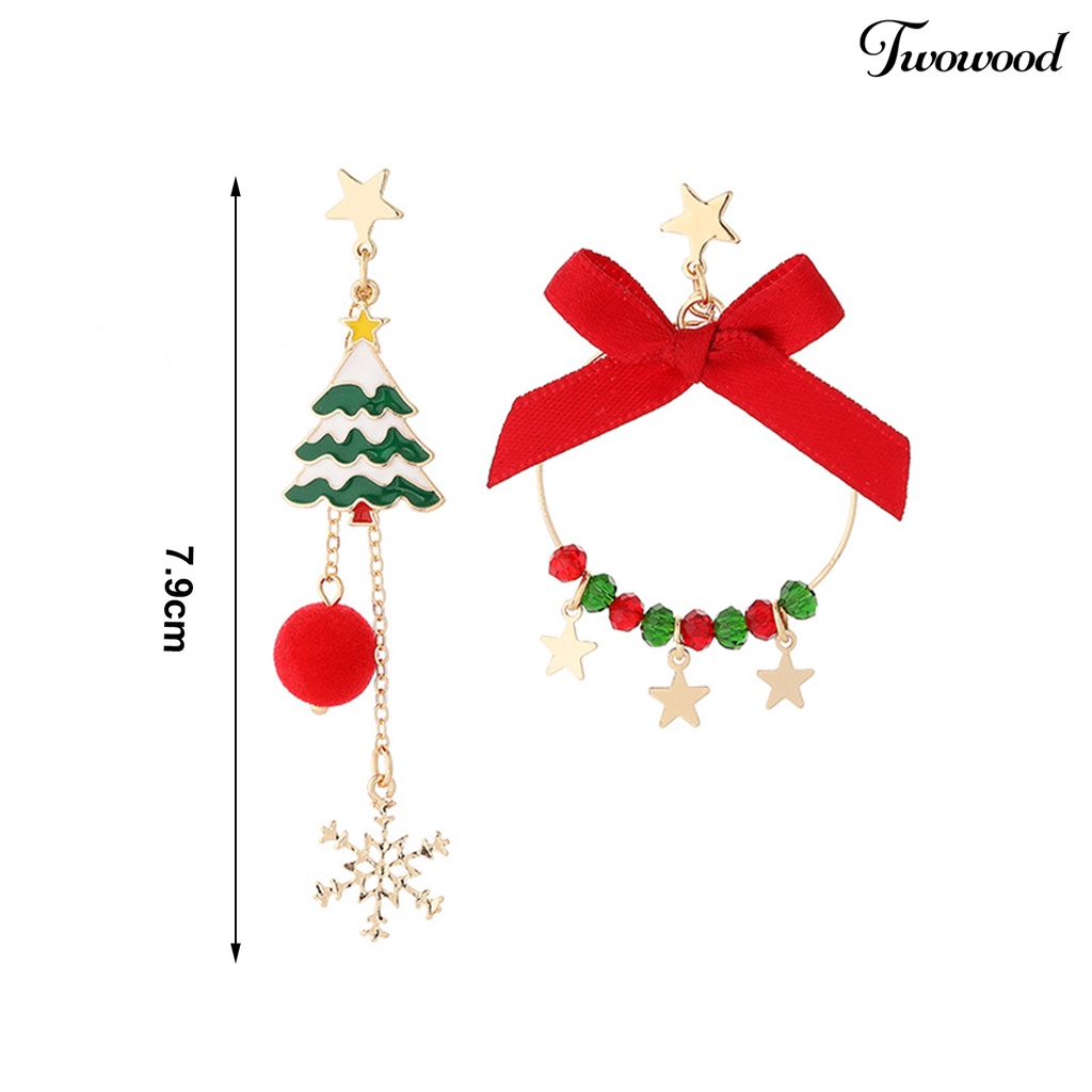 1 Pasang Anting Rumbai Panjang Asimetris Desain Kartun Pohon Natal Rusa Penguin Untuk Hadiah