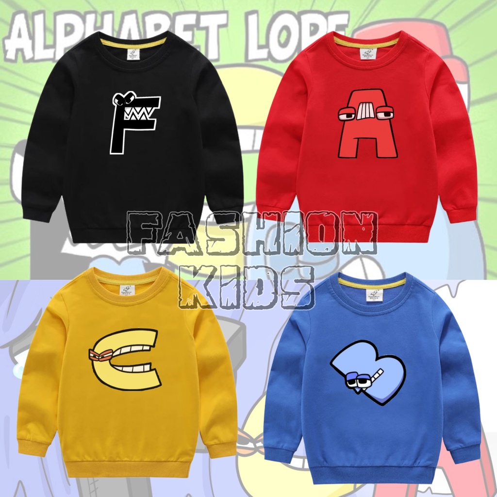 SWEATER ANAK KARAKTER ALPHABET LORE A B C D E F G H I J K L M N O P Q R S T U P V W X Y Z