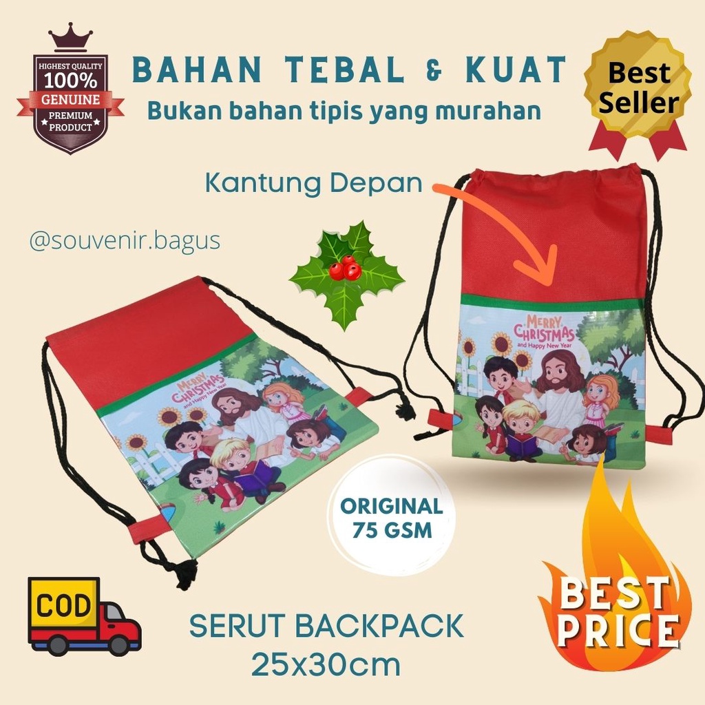 Tas natal Serut Backpack christmas Xmas kantung depan sekolah minggu paskah kebaktian sunday school serut ransel natal 25x35cm