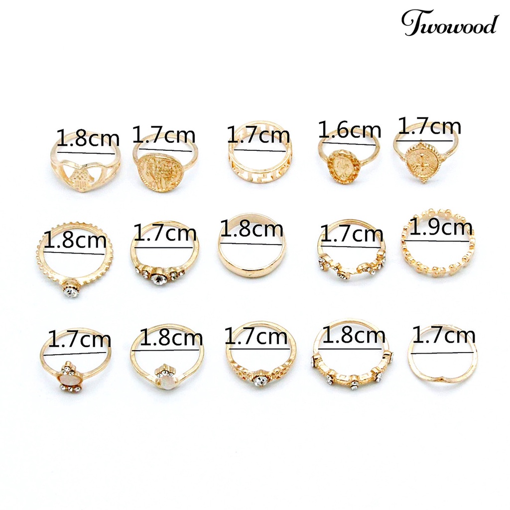 15 Pcs Cincin Knuckle Stackable Bahan Alloy Bentuk Hati Model Hollow