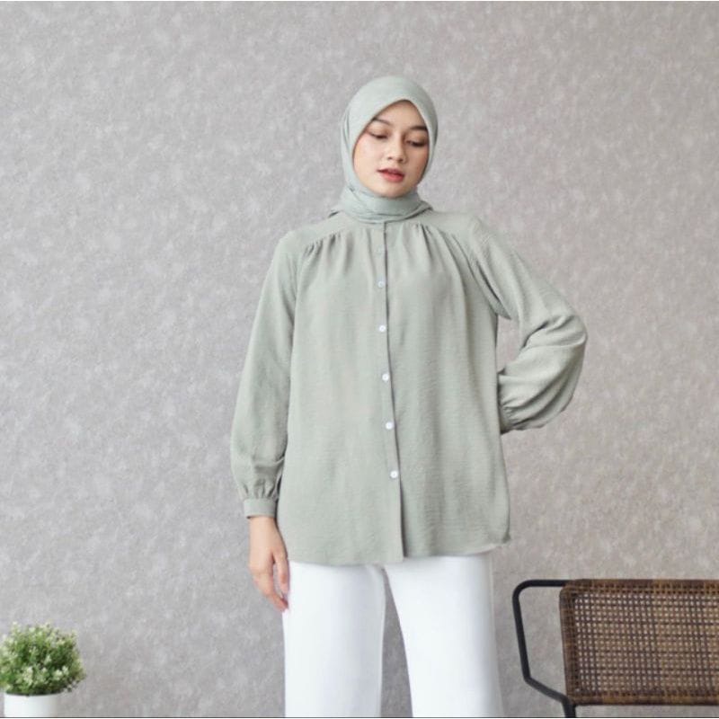 Baju Atasan Alina Blouse Crinkle Kemeja Polos Wanita Lengan Panjang