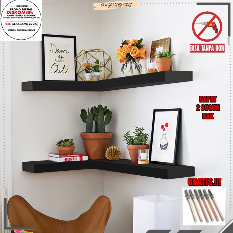 Papan Rak Hambalan Ambalan Hiasan Melayang Sudut Siku Gantung  Floating Shelves L Layang Tempat penyimpanan Bumbu Dapur Buku Bunga make up Makeup Dekorasi Dinding Dingding Tembok Tempel Ruang Tamu Kamar Tidur Kayu Susun Serbaguna Minimalis Tanpa Bor Murah