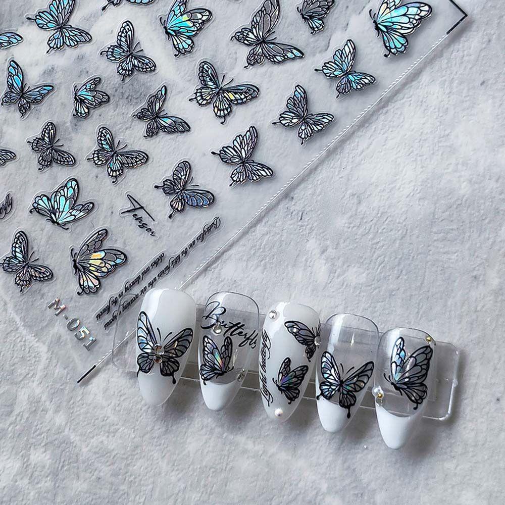 Mxbeauty Stiker Kuku Kupu-Kupu Ins Style Hitam Putih Rose Stiker Kuku Bintang Bronzing Butterfly Huruf Inggris Nail Art Dekorasi